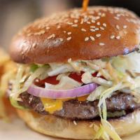 Cheeseburger · Angus beef, lettuce, American cheese, onion and pickles with burger sauce on our house-made ...