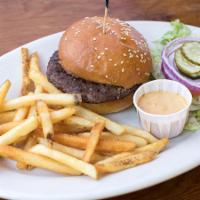 Hamburger · Angus beef, burger sauce, lettuce, onion, and pickles on our sesame seed bun; served with fr...