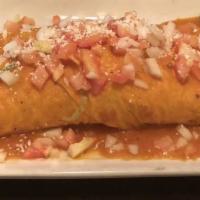 Expresso Burrito · Large flour tortilla filled with rice, refried beans, choice of chicken or ground beef. Topp...