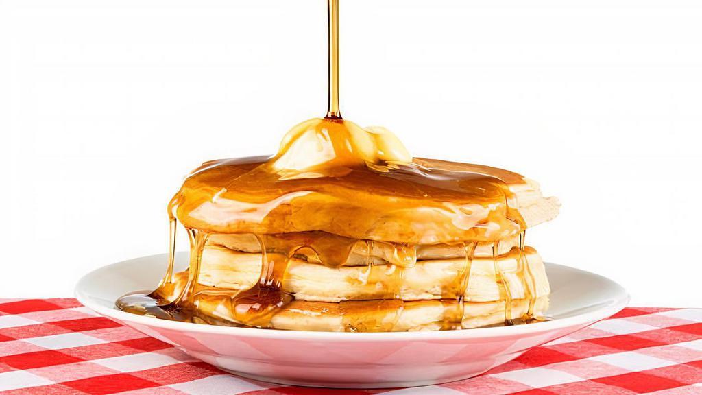 Pancake · Three fluffy pancakes served with butter, syrup and a sprinkle of powdered sugar.
