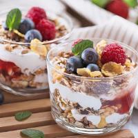 Yogurt Parfait · Greek yogurt, topped with granola and your choice of toppings.