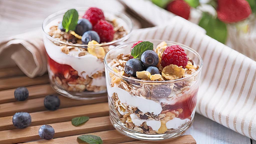 Yogurt Parfait · Greek yogurt, topped with granola and your choice of toppings.