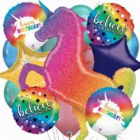 Holographic Rainbow Unicorn Birthday Bouquet · The feature balloon is this  bouquet is a bright and bold unicorn made of glitter holographi...