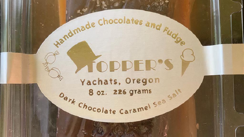 Topper'S Handmade Chocolate And Fudge Dark Chocolate Caramel Sea Salt · Dark Chocolate Caramel Sea Salt,  Handmade in Yachats Oregon on the beautiful Oregon Coast. 8oz.