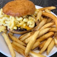 Mac Down Burger · Mac and Cheese, Boursin, Cheddar and Swiss Cheese.