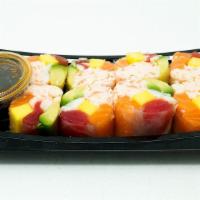 Caribbean Roll · Imitation crab salad, avocado, mango, tuna, salmon and cooked shrimp rolled in rice paper. S...
