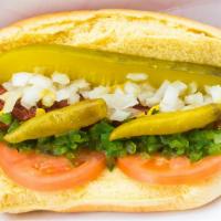 Chicago-Style Hot Dog · With everything includes: mustard, relish, freshly chopped onions, red ripe tomato slices, k...