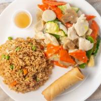 Moo Goo Gai Pan Combo · Served with fried rice and egg roll or crab cheese wonton or wrapped chicken.