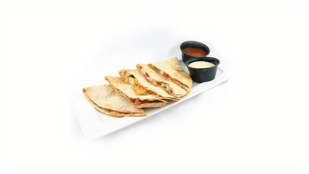 Bbq Chicken Quesadilla · Grilled chicken, banana peppers, cheddar, red onions, mushrooms & BBQ sauce.