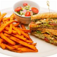 Avocado Blt Stacker · Include a side of fries and a tivoli salad. Avocado, coconut bacon, lettuce, tomato, cucumbe...