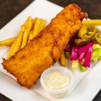 Cod Fish & Chips · (Beer tempura butter) served with romaine lettuce, pickle onions, pickled jalapeños and a si...