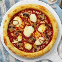 Prosciutto E Fungi Pizza · Homemade pizza sauce, mozzarella cheese, ham, mushrooms and basil baked on hand-tossed dough.