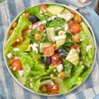 Mediterranean Salad · Lettuce, tomatoes, cucumbers, peppers, and greek olives topped with feta cheese tossed with ...