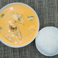 Panang Curry · Bell peppers with panang curry sauce with a scoop of jasmine rice.
