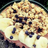 Mud Bowl · Cacao, bananas, almond milk, peanut butter topped with granola, chia seeds almonds and choco...