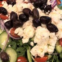 Greek & Destroy · Mixed greens, kalamatas, red onions, cucumbers, tomatoes and feta with our house-made balsam...