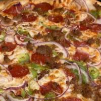 Wright Bros · Tomato base, mozzarella, pepperoni, Italian sausage, green peppers and red onions.