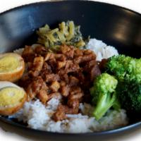 Braised Pork Rice  · w/ white rice, pickled greens, broccoli, and egg