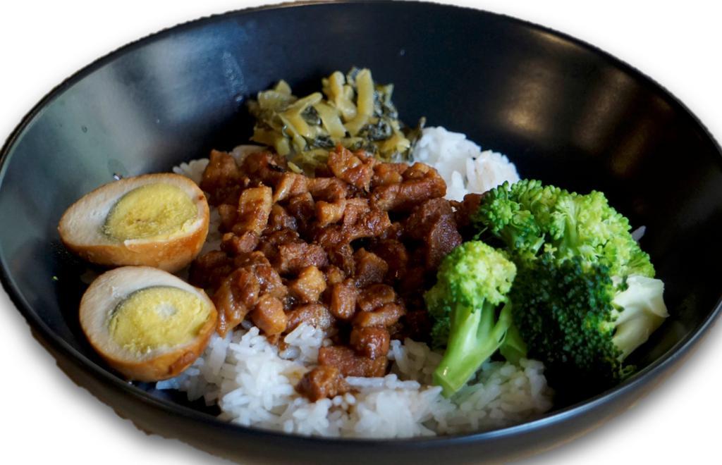 Braised Pork Rice  · w/ white rice, pickled greens, broccoli, and egg