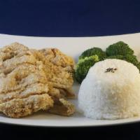 Chicken Fried Steak · Bread and deep fried chicken w/ white rice and broccoli