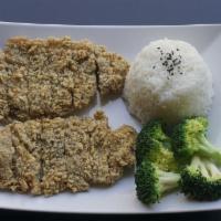 Pork Chop  · breaded and deep fried w/ white rice and broccoli