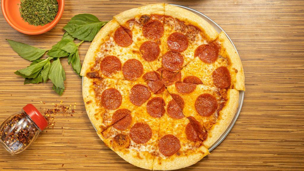 Pepperoni Pizza · 12 inch hand tossed crust with marinara sauce, mozzarella cheese, pepperoni sprinkled with parmesan cheese