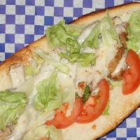 Grilled Chicken Sandwich · Chicken breast, with melted mozzarella cheese, mayo, lettuce, tomatoes, grilled onions, and ...