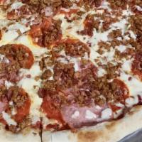 Cowboy Pizza · Fresh whole milk mozzarella, homemade pizza sauce. Pepperoni, sausage, Canadian bacon, and b...