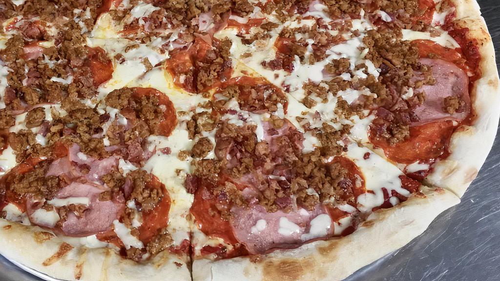 Cowboy Pizza · Fresh whole milk mozzarella, homemade pizza sauce. Pepperoni, sausage, Canadian bacon, and bacon!