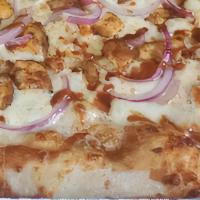 Bbq Chicken Pizza · BBQ sauce base with chicken, onion, and mozzarella.