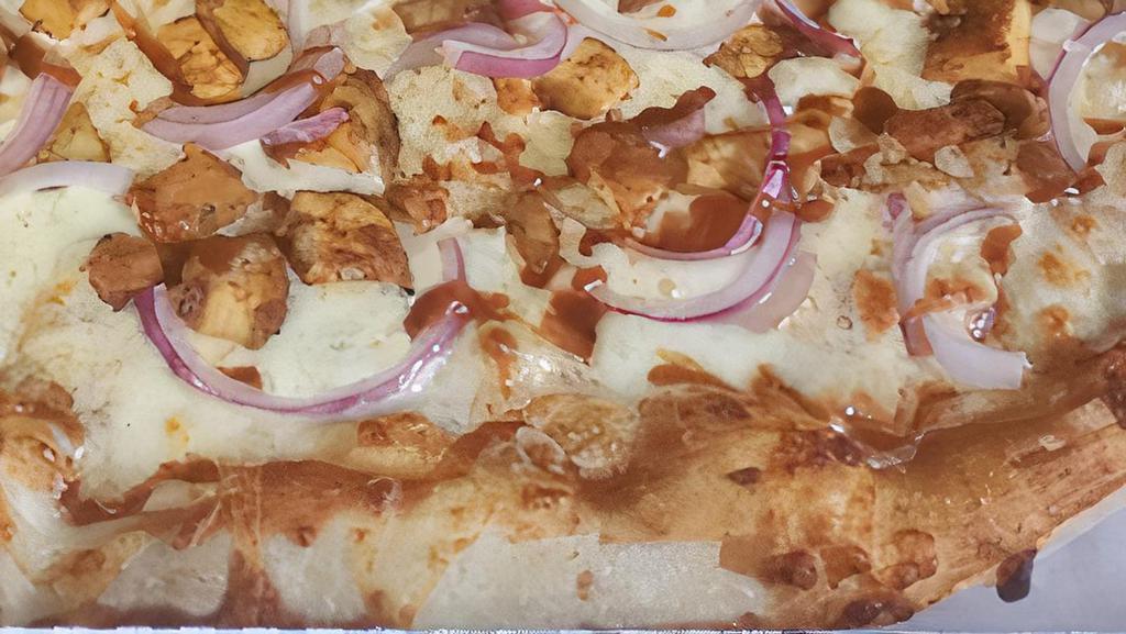 Bbq Chicken Pizza · BBQ sauce base with chicken, onion, and mozzarella.