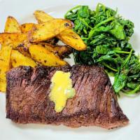 Grilled Skirt Steak · 620 cal-organic baby spinach, roasted fingerling potatoes, Calabrian chili butter
