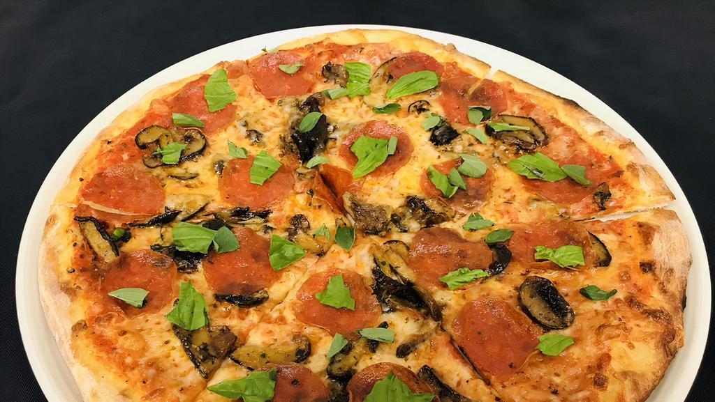 Pepperoni Mushroom Pizza · sweet tomato sauce, mozzarella and aged provolone cheese, basil, oregano