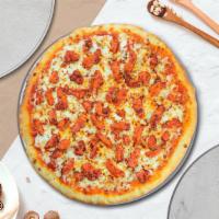 Bubbly Buffalo Chicken Vegan Pizza · Buffalo sauce, juicy vegan chicken, vegan mozzarella, vegan marinara, chopped garlic, fresh ...