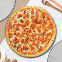 Vegan Marinara Cluck Pizza · Vegan marinara drizzle, juicy vegan chicken, vegan mozzarella, chopped garlic, fresh basil, ...