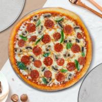 Shroomy & Vegan Pepperoni Pizza · Vegan pepperoni, mushrooms, vegan mozzarella, vegan marinara, chopped garlic, fresh basil, a...
