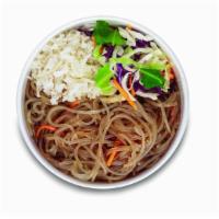 Noodle Bop (Vegetarian) · Korean style sweet potato noodle. Served with rice and cabbage mix. **Vegan without lime sau...