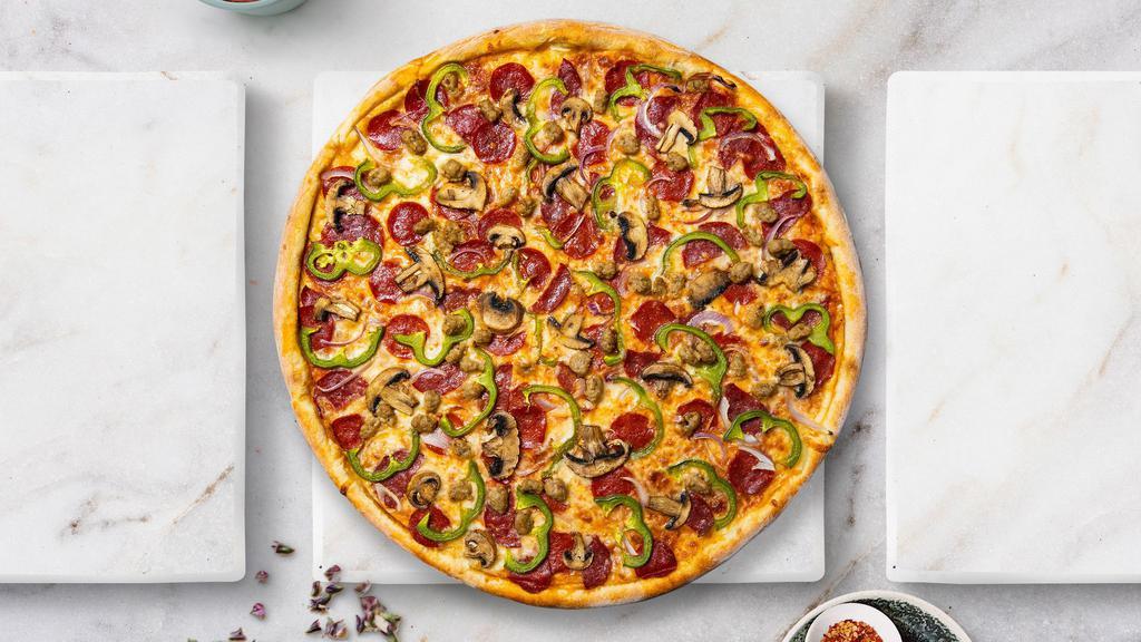Sup Supreme Pizza · Pepperoni, sausage, mozzarella, bell peppers, mushrooms, onions, and olives  baked on a hand-tossed gluten free 10 inch dough.