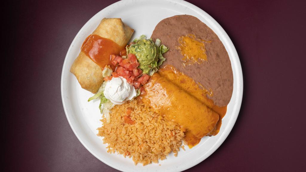 Chimichanga Y Mas · One Chimichanga topped with guacamole sour cream and mild sauce. Served with your choice of one taco, enchilada or bean tostada.