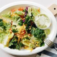 Garden Salad · Vegetarian. Fresh salad greens topped with crisp corn tortilla strips, cheese, cucumber, oni...