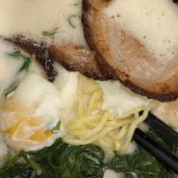 Tonkotsu Ramen · Pork and chicken broth, poached egg, chasu, bamboo shoots, spinach.