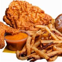 2-Piece Chicken Meal · Fried chicken, fries and biscuits! Sauce and honey on the side. It's awesome! Add a drink an...