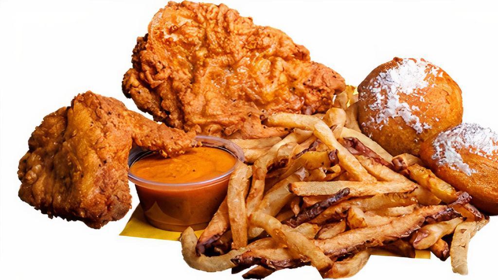2-Piece Chicken Meal · Fried chicken, fries and biscuits! Sauce and honey on the side. It's awesome! Add a drink and save money to complete this meal! White meat: breast and wing dark meat: thigh and leg.