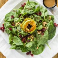 Spinach Walnut Salad · Spinach, toasted walnuts, sliced apples, and dried cranberries. Comes with side of balsamic ...