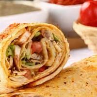 Chicken  Shawarma Wrap · Roasted chicken shawarma, pickled cucumber & turnip, tomato, sumac onion, garlic aioli & par...