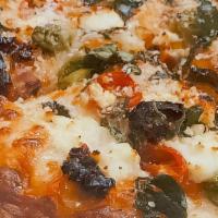 Garlic Veggie Pizza · Fresh mozzarella, feta, baby spinach castelvetrano olives, cherry tomatoes, baby bell pepper...