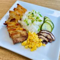 Roasted Pork Belly · oven roasted confit pork belly, white rice with ginger scallion sauce, pickled cucumber, pan...