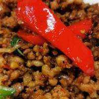 Spicy Basil · Choice of meat, stir-fried with onion, bell pepper, green bean, and basil.