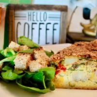 Breakfast Quiche · Egg, bacon, spinach, chives, potatoes, red and green bell peppers and cheddar cheese served ...