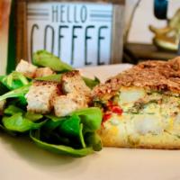 Veggie Quiche · Vegetarian. Egg, spinach, sundried tomatoes, chives, potatoes, red and green bell pepper and...